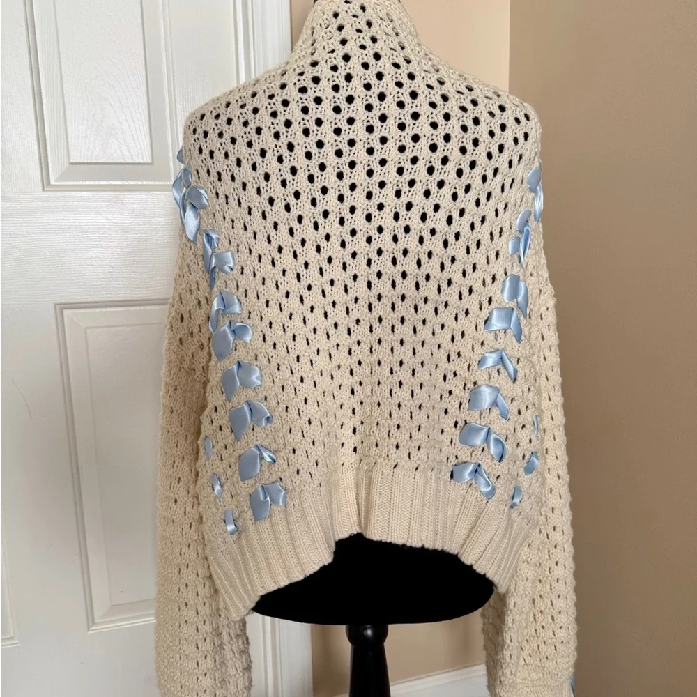 Altar’d State Cream Open Knit Cardigan Blue Ribbon Lace-Up Boho - Picture 4 of 7